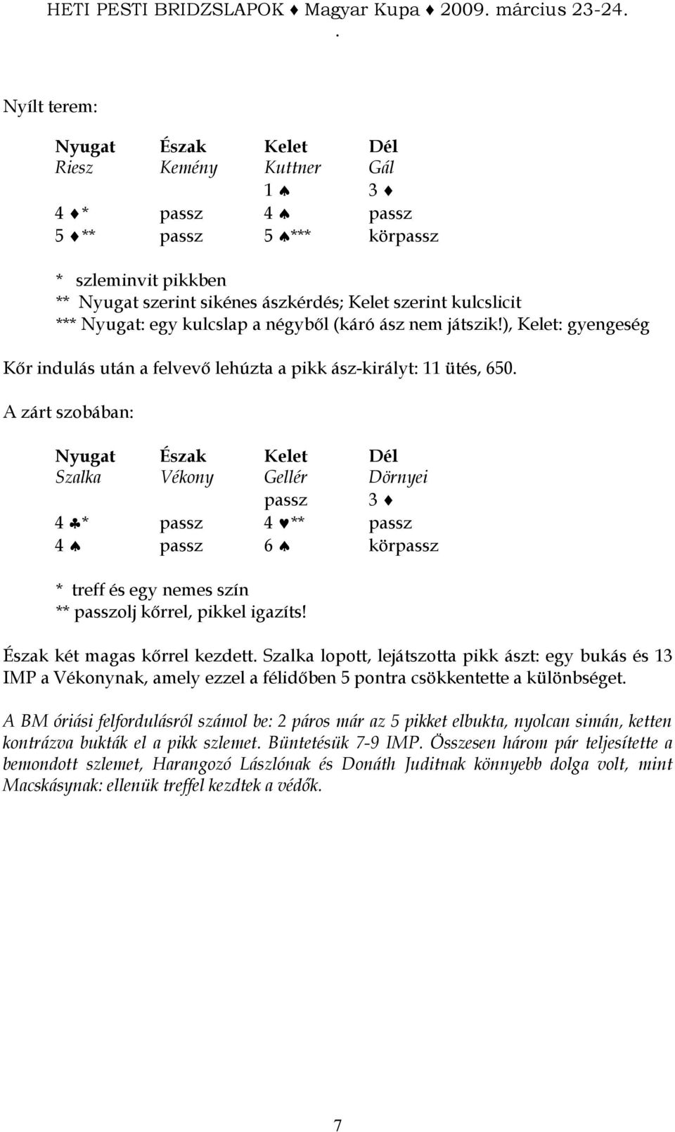 ), : gyengeség Kır indulás után a felvevı lehúzta a pikk ász-királyt: 11 ütés, 650 A zárt szobában: Szalka Vékony Gellér Dörnyei passz 3 4 * passz 4 ** passz 4 passz 6 körpassz * treff és egy nemes