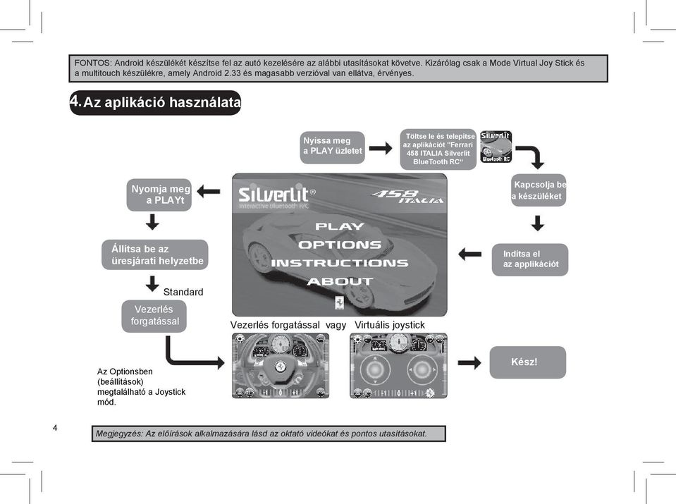 Az aplikáció használata Nyissa meg a PLAY üzletet Töltse le és telepítse az aplikációt "Ferrari 458 ITALIA Silverlit BlueTooth RC Nyomja meg a PLAYt Kapcsolja be a