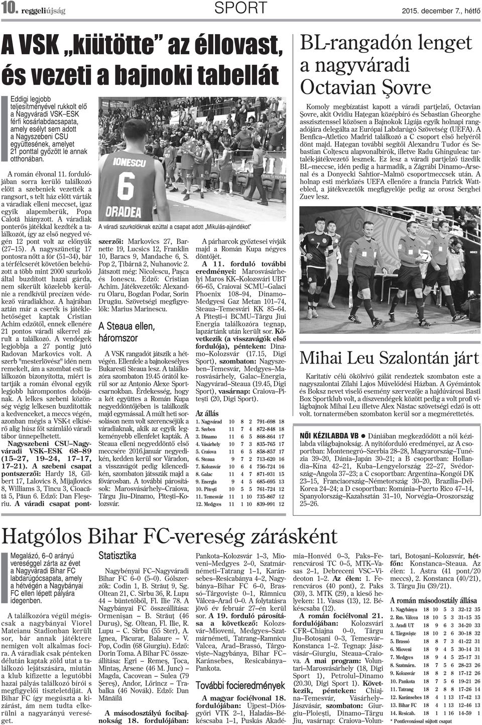 együttesének, amelyet 21 ponttal gyõzött le annak otthonában. A váradi szurkolóknak ezúttal a csapat adott Mikulás-ajándékot A román élvonal 11.