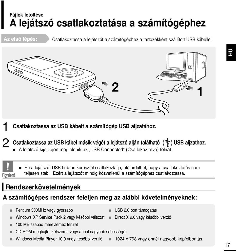 A lejátszó kijelzôjén megjelenik az USB Connected (Csatlakoztatva) felirat. Figyelem! Ha a lejátszót USB hub-on keresztül csatlakoztatja, elôfordulhat, hogy a csatlakoztatás nem teljesen stabil.