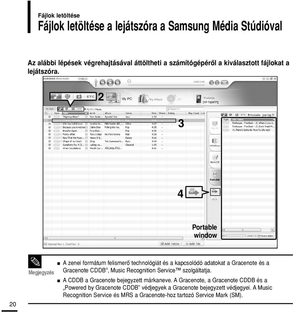 [YP-T9[MTP]] [YP-T9] 4 Portable window 0 Megjegyzés A zenei formátum felismerô technológiát és a kapcsolódó adatokat a Gracenote és a Gracenote