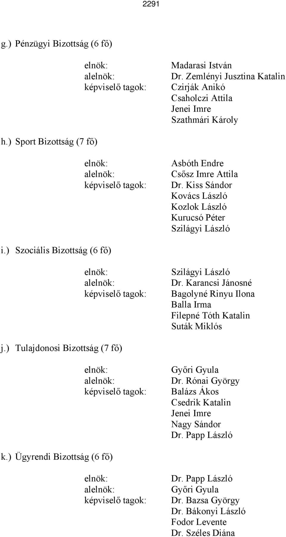 ) Szociális Bizottság (6 fő) Szilágyi László Dr. Karancsi Jánosné Bagolyné Rinyu Ilona Balla Irma Filepné Tóth Katalin Suták Miklós j.