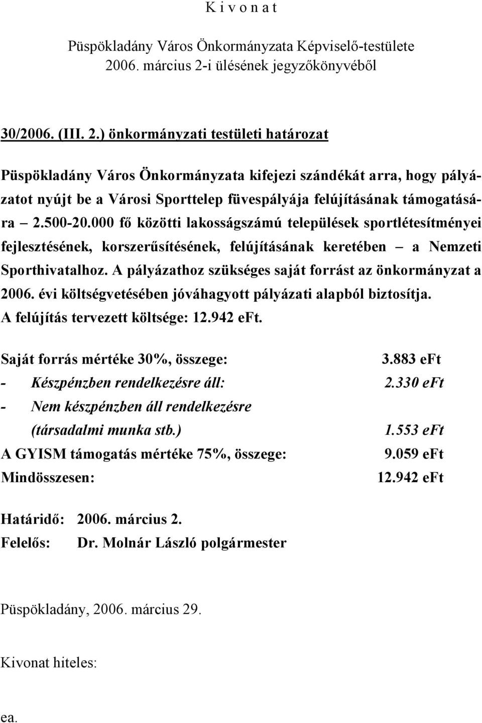 A pályázathoz szükséges saját forrást az önkormányzat a 2006. évi költségvetésében jóváhagyott pályázati alapból biztosítja. A felújítás tervezett költsége: 12.942 eft.