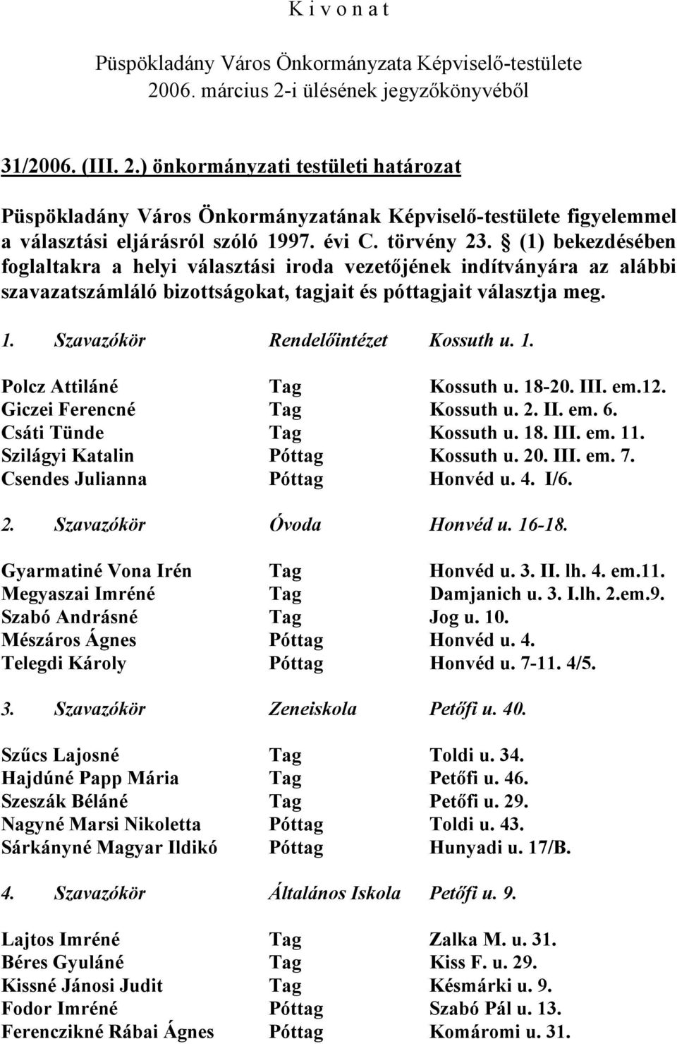 18-20. III. em.12. Giczei Ferencné Tag Kossuth u. 2. II. em. 6. Csáti Tünde Tag Kossuth u. 18. III. em. 11. Szilágyi Katalin Póttag Kossuth u. 20. III. em. 7. Csendes Julianna Póttag Honvéd u. 4. I/6.