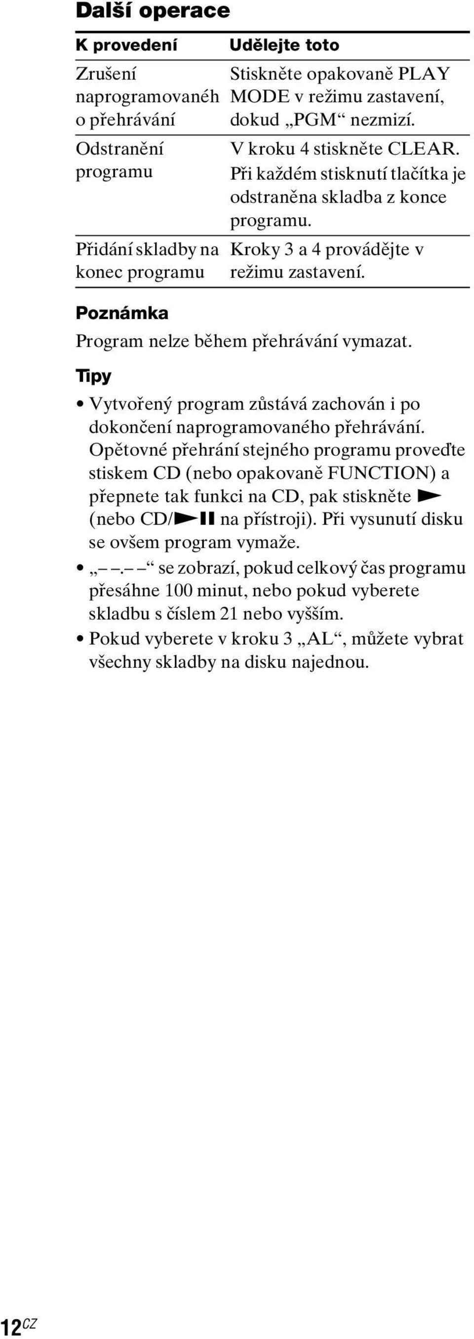 Tipy Vytvořený program zůstává zachován i po dokončení naprogramovaného přehrávání.