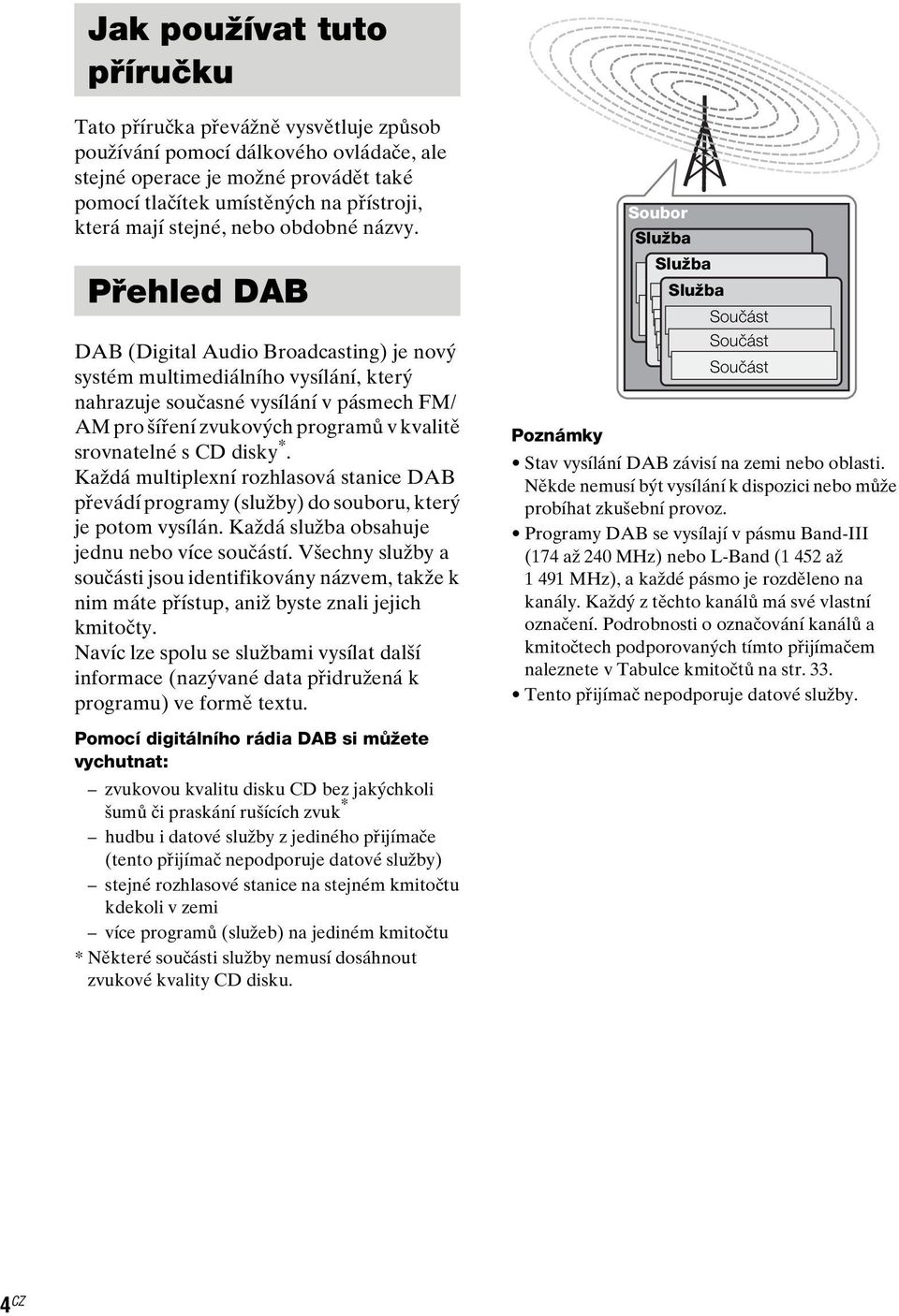 Přehled DAB DAB (Digital Audio Broadcasting) je nový systém multimediálního vysílání, který nahrazuje současné vysílání v pásmech FM/ AM pro šíření zvukových programů v kvalitě srovnatelné s CD disky