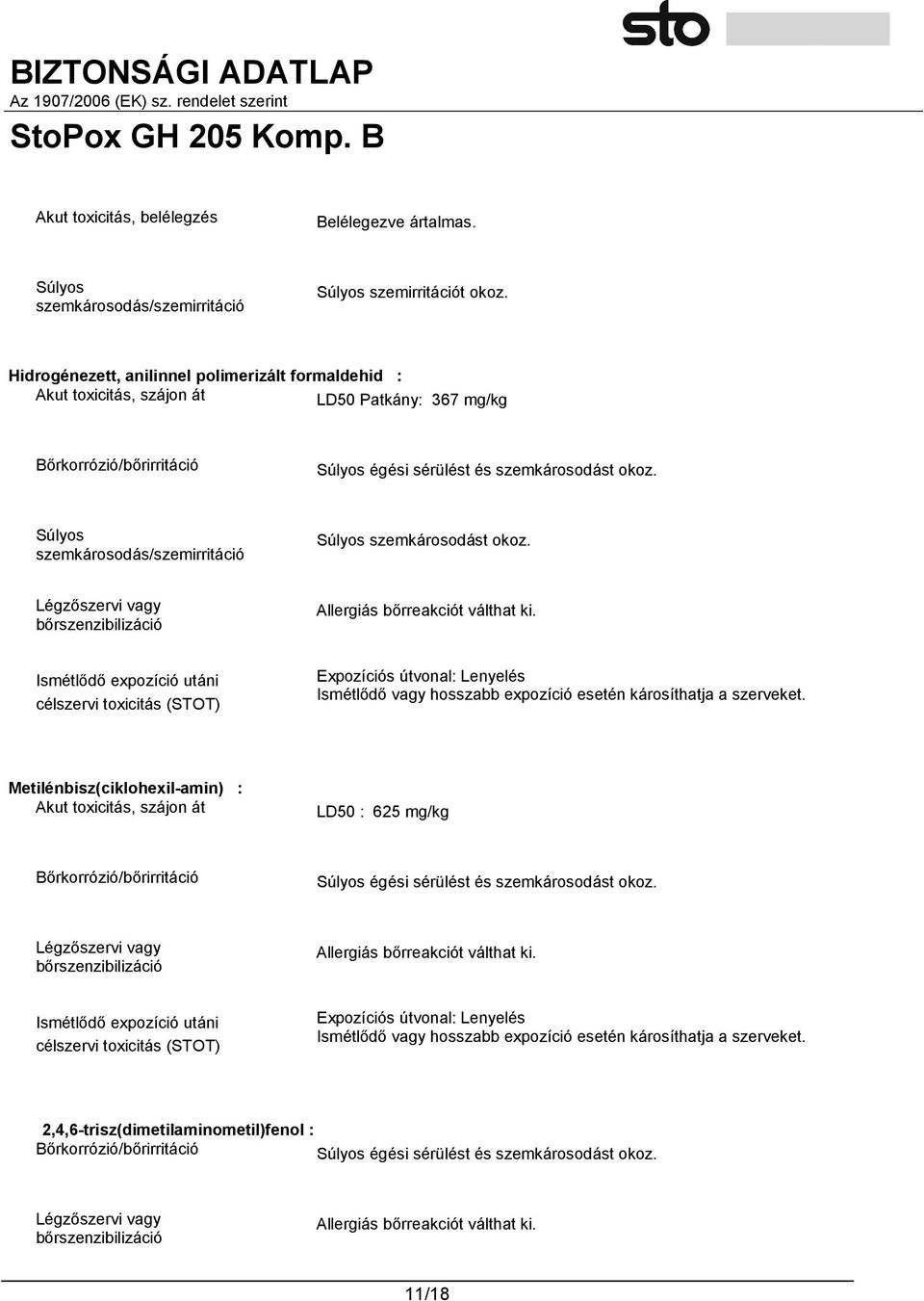 Súlyos szemkárosodás/szemirritáció Súlyos szemkárosodást okoz. Légzőszervi vagy bőrszenzibilizáció Allergiás bőrreakciót válthat ki.