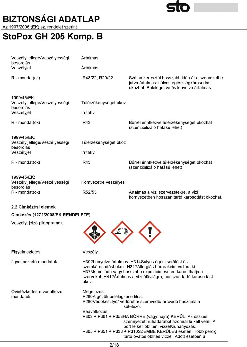 1999/45/EK: Veszély jellege/veszélyességi besorolás Veszélyjel Túlérzékenységet okoz Irritatív R - mondat(ok) R43 Bőrrel érintkezve túlérzékenységet okozhat (szenzibilizáló hatású lehet).