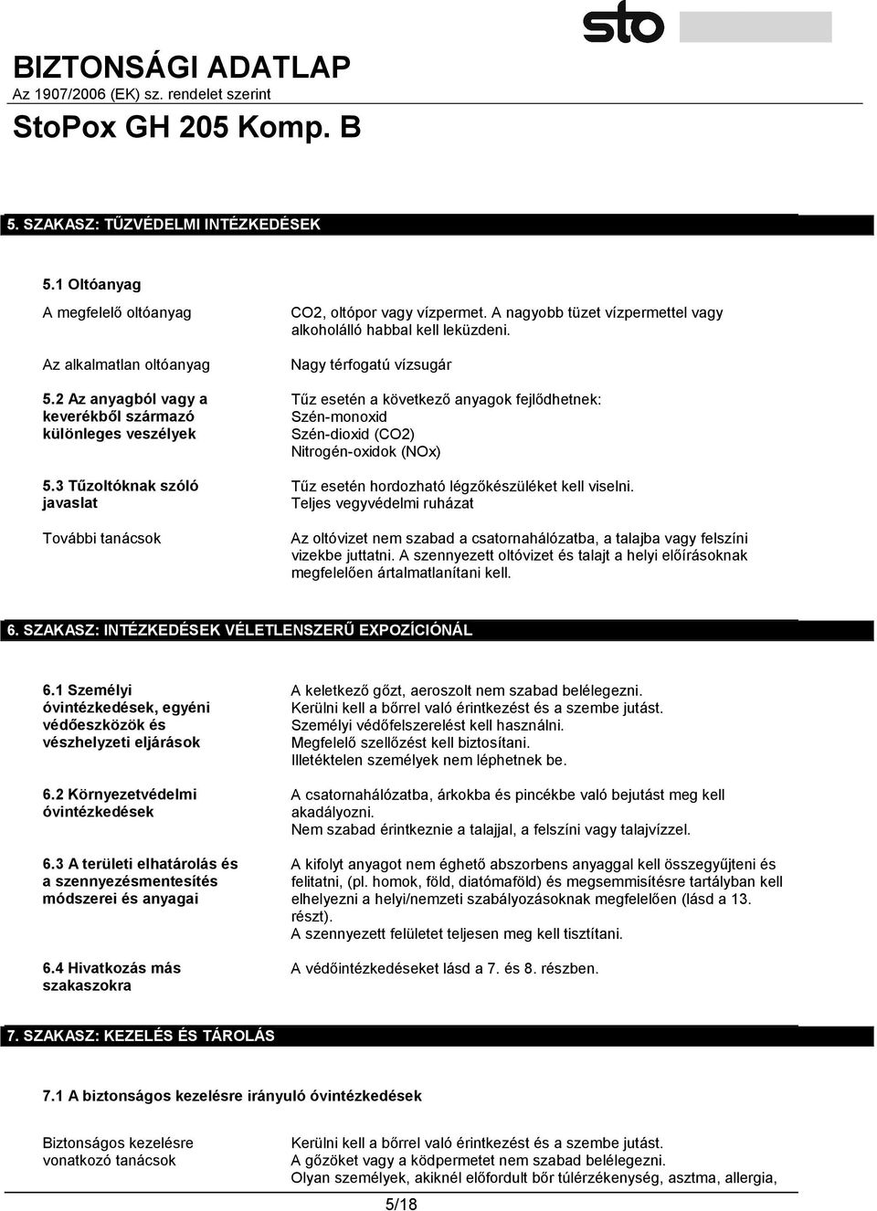 Nagy térfogatú vízsugár Tűz esetén a következő anyagok fejlődhetnek: Szén-monoxid Szén-dioxid (CO2) Nitrogén-oxidok (NOx) Tűz esetén hordozható légzőkészüléket kell viselni.