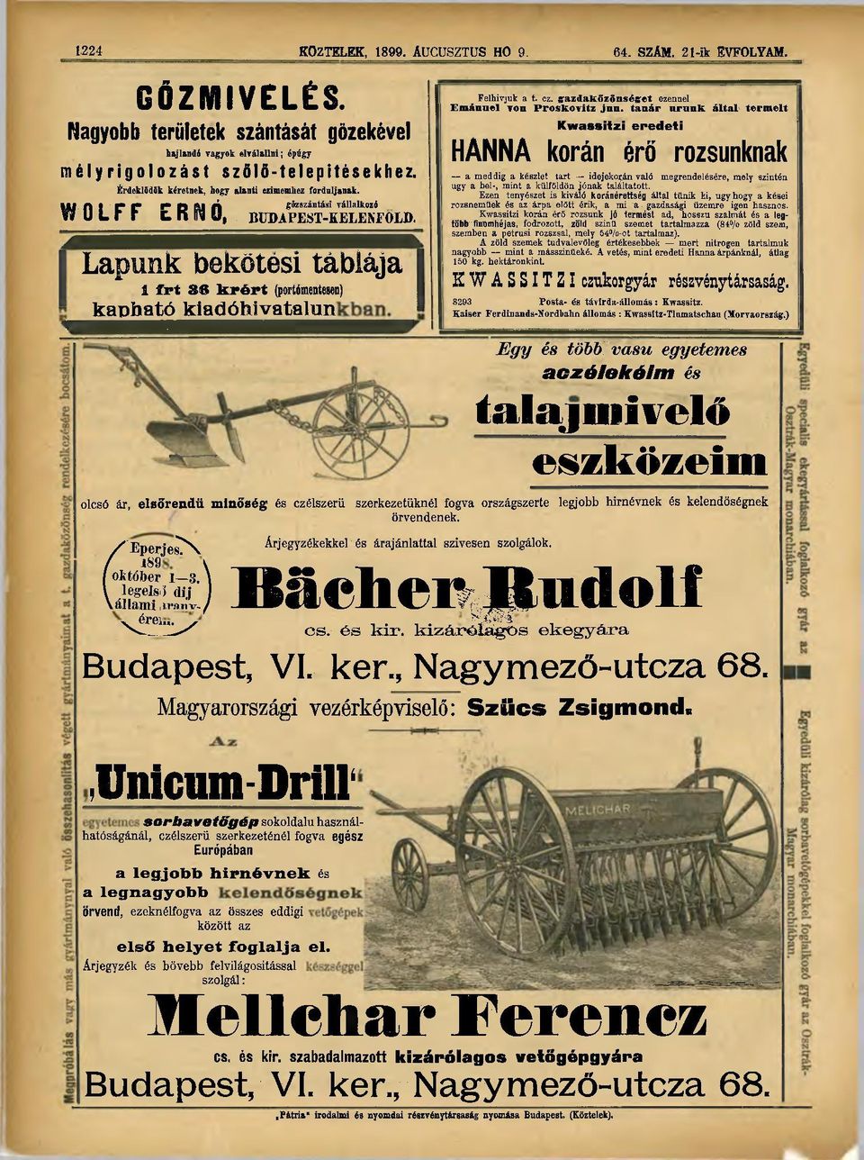 Lapunk bekötési táblája 1 frt kpérí (portómentesen) ^kapbat^kiadówvatalm Felhívjuk a t. cz. grazdaközönségret ezennel Emánuel von Proskovitz jnn.