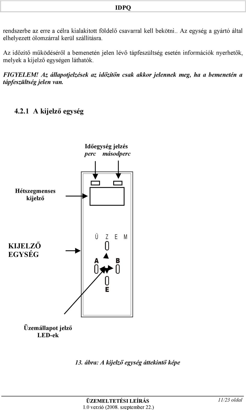 Az időzítő működéséről a bemenetén jelen lévő tápfeszültség esetén információk nyerhetők, melyek a kijelző egységen láthatók. FIGYELEM!