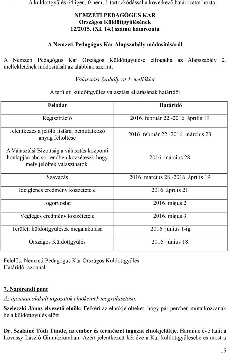 mellékletének módosítását az alábbiak szerint: Választási Szabályzat 1. melléklet A területi küldöttgyűlés választási eljárásának határidői Feladat Határidő Regisztráció 2016. február 22.-2016.