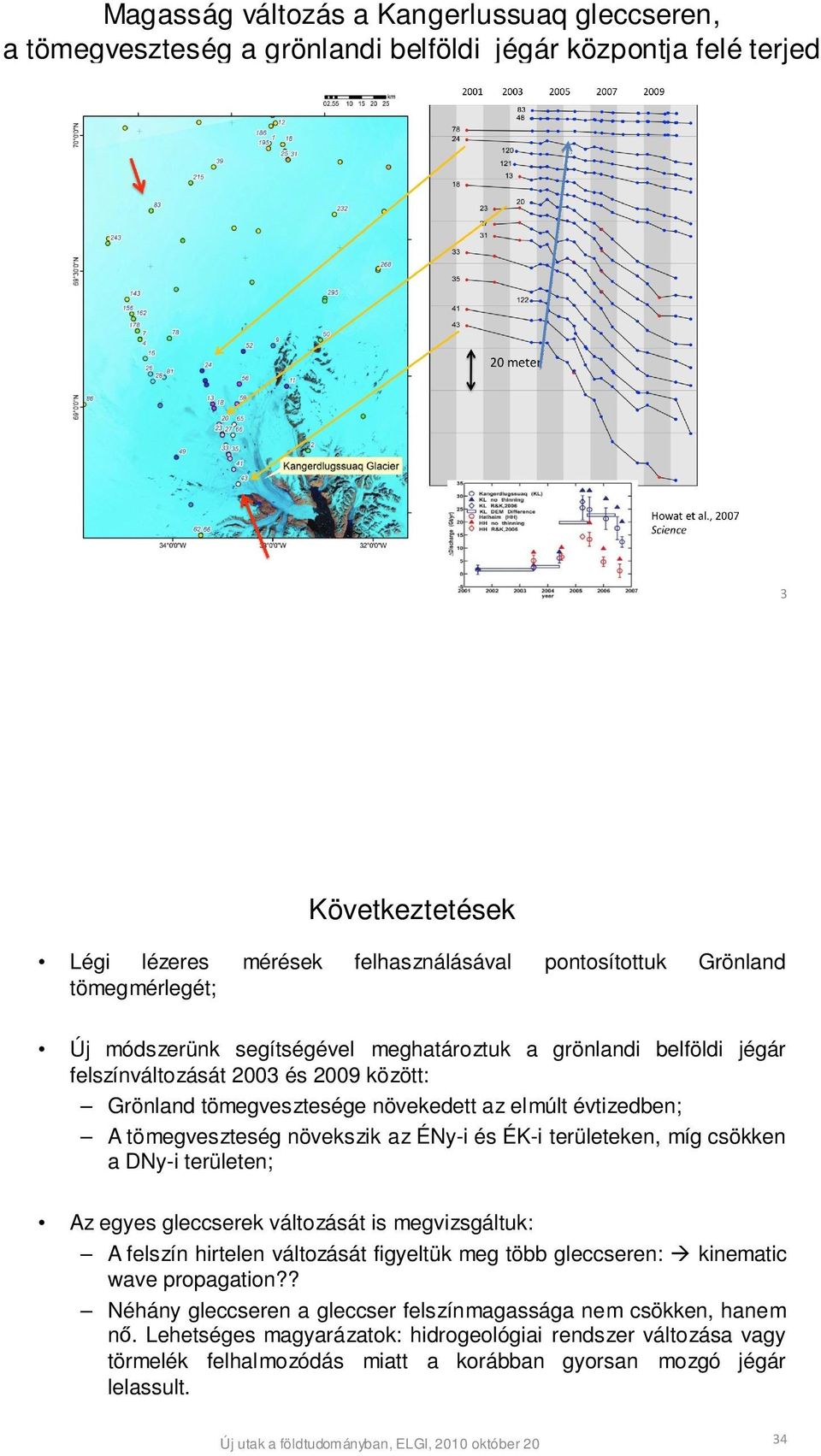 növekszik az ÉNy-i és ÉK-i területeken, míg csökken a DNy-i területen; Az egyes gleccserek változását is megvizsgáltuk: A felszín hirtelen változását figyeltük meg több gleccseren: kinematic wave