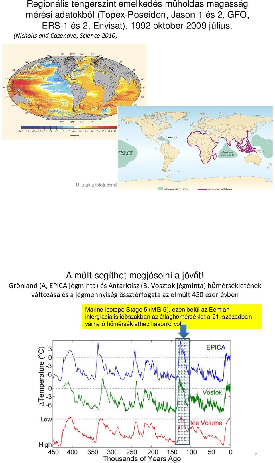 Grönland (A, EPICA jégminta) és Antarktisz (B, Vosztokjégminta) hőmérsékletének változása és a jégmennyiség össztérfogata az elmúlt 450 ezer évben Marine