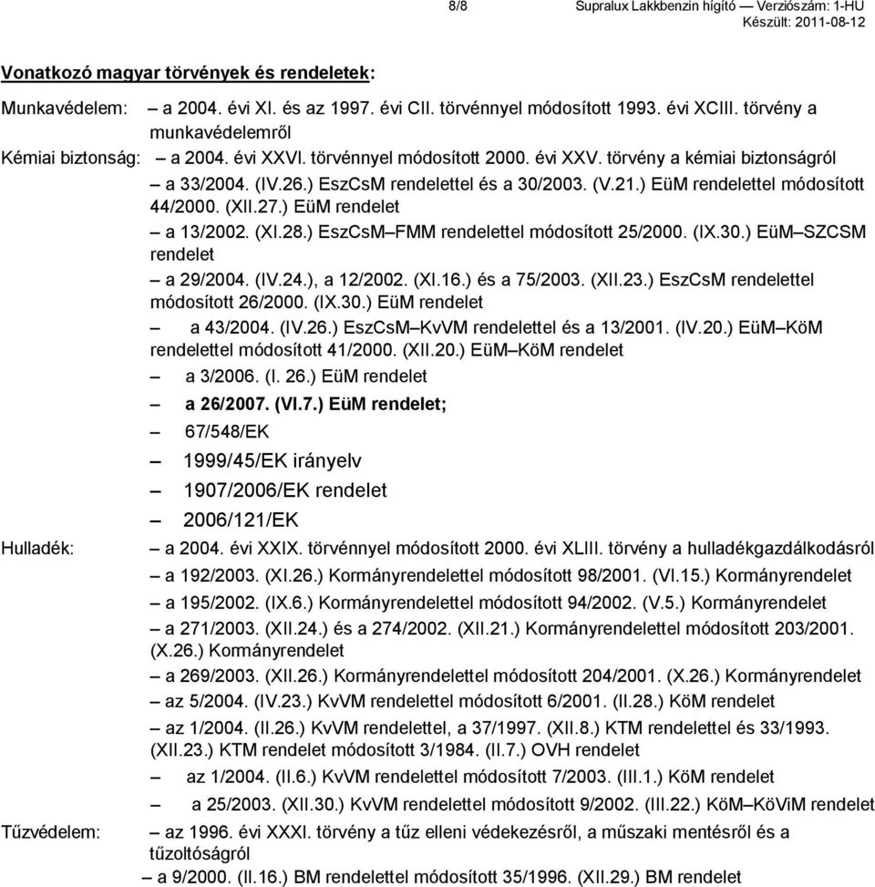 ) EüM rendelettel módosított 44/2000. (XII.27.) EüM rendelet a 13/2002. (XI.28.) EszCsM FMM rendelettel módosított 25/2000. (IX.30.) EüM SZCSM rendelet a 29/2004. (IV.24.), a 12/2002. (XI.16.