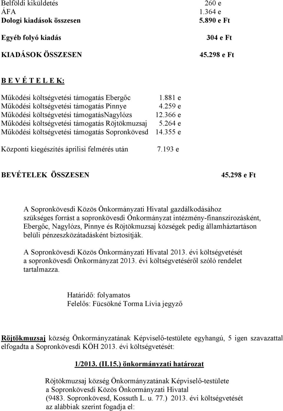 264 e Mőködési költségvetési támogatás Sopronkövesd 14.355 e Központi kiegészítés áprilisi felmérés után 7.