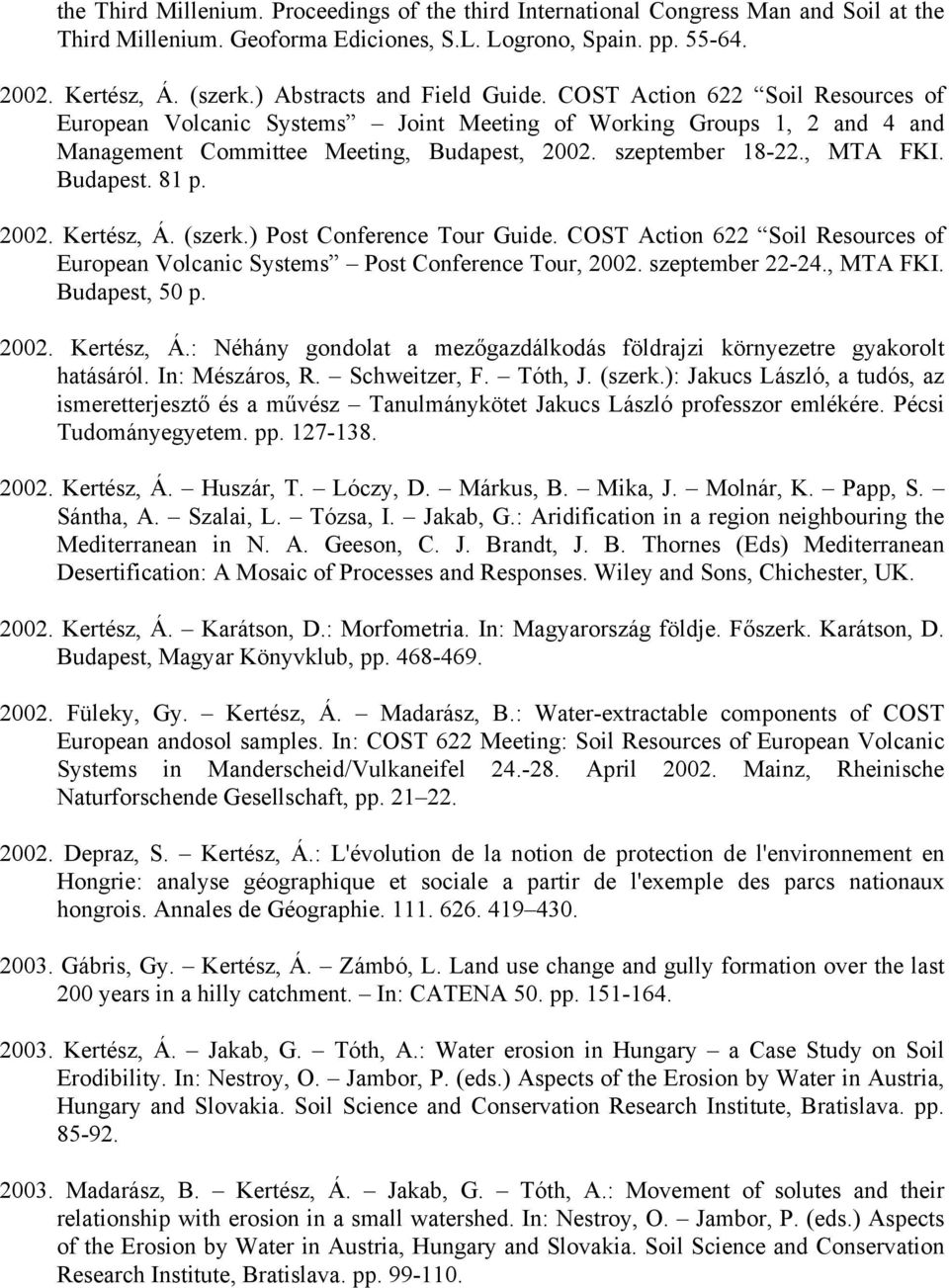 , MTA FKI. Budapest. 81 p. 2002. Kertész, Á. (szerk.) Post Conference Tour Guide. COST Action 622 Soil Resources of European Volcanic Systems Post Conference Tour, 2002. szeptember 22-24., MTA FKI. Budapest, 50 p.
