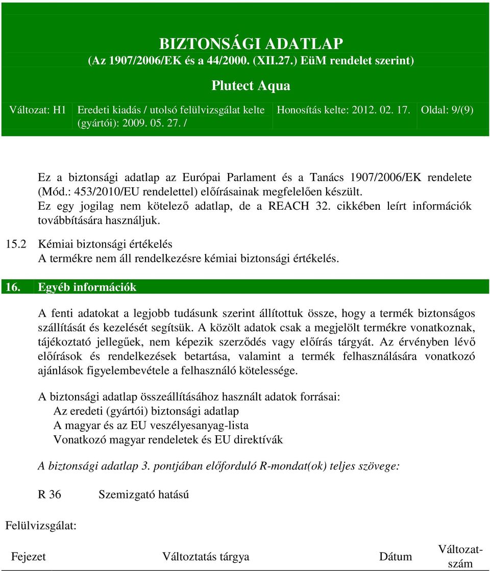 16. Egyéb információk A fenti adatokat a legjobb tudásunk szerint állítottuk össze, hogy a termék biztonságos szállítását és kezelését segítsük.