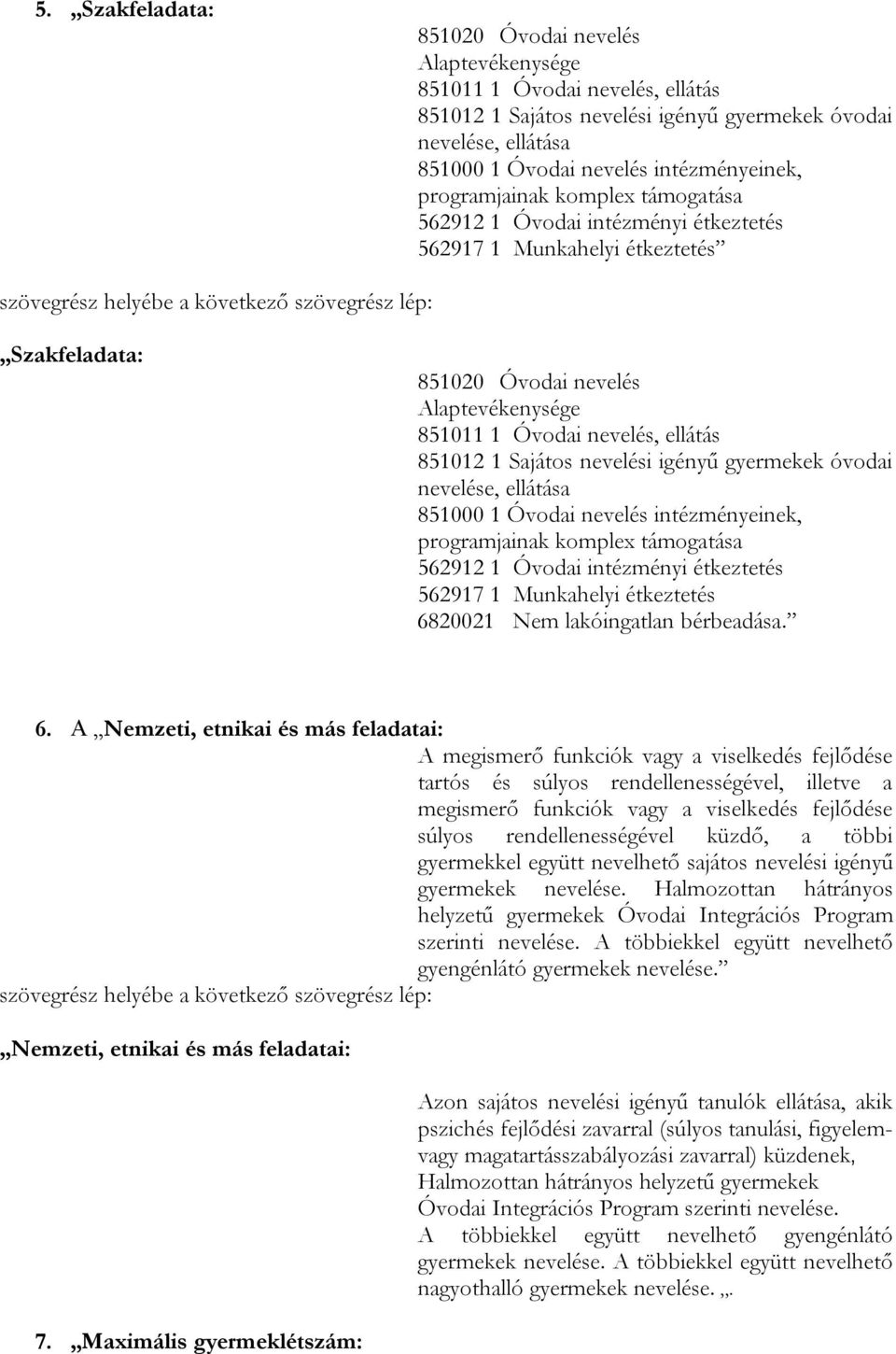 Alaptevékenysége 851011 1 Óvodai nevelés, ellátás 851012 1 Sajátos nevelési igényű gyermekek óvodai nevelése, ellátása 851000 1 Óvodai nevelés intézményeinek, programjainak komplex támogatása 562912