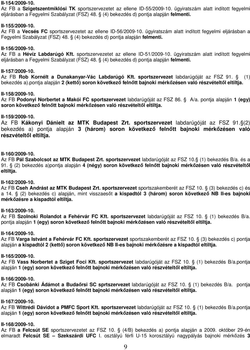 (4) bekezdés d) pontja alapján felmenti. II-156/2009-10. Az FB a Hévíz Labdarúgó Kft. sportszervezetet az ellene ID-51/2009-10.