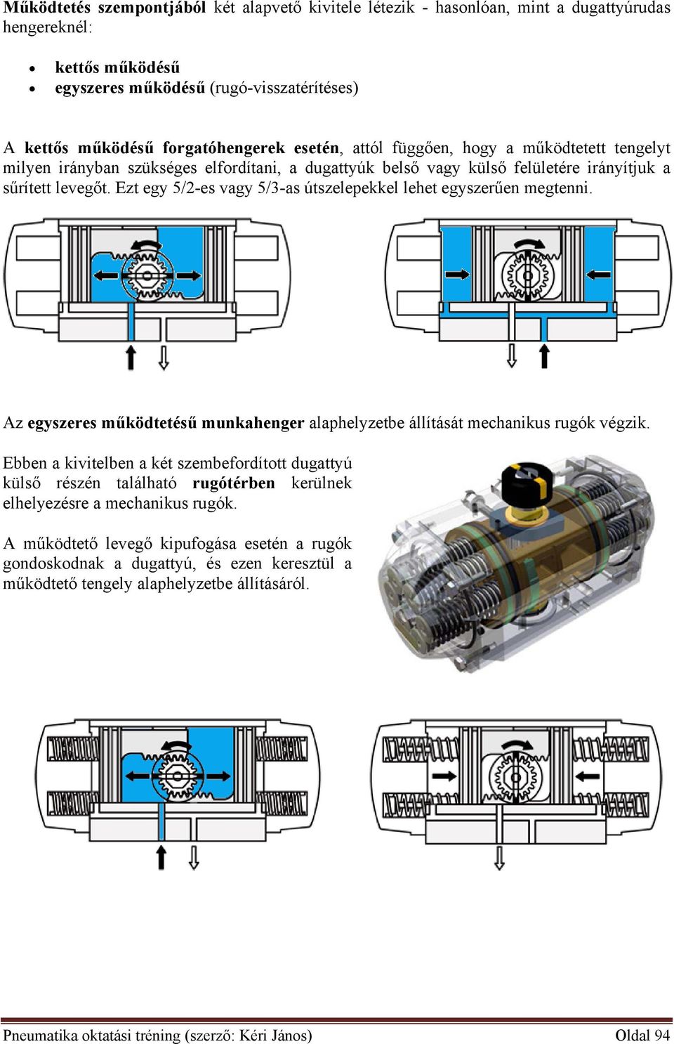 Ezt egy 5/2-es vagy 5/3-as útszelepekkel lehet egyszerűen megtenni. Az egyszeres működtetésű munkahenger alaphelyzetbe állítását mechanikus rugók végzik.