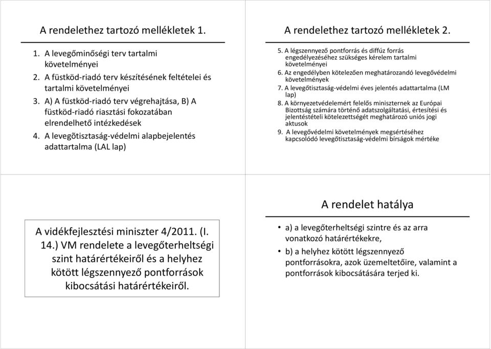 A levegõtisztaság-védelmialapbejelentés adattartalma (LAL lap) A rendelethez tartozó mellékletek 2. 5.