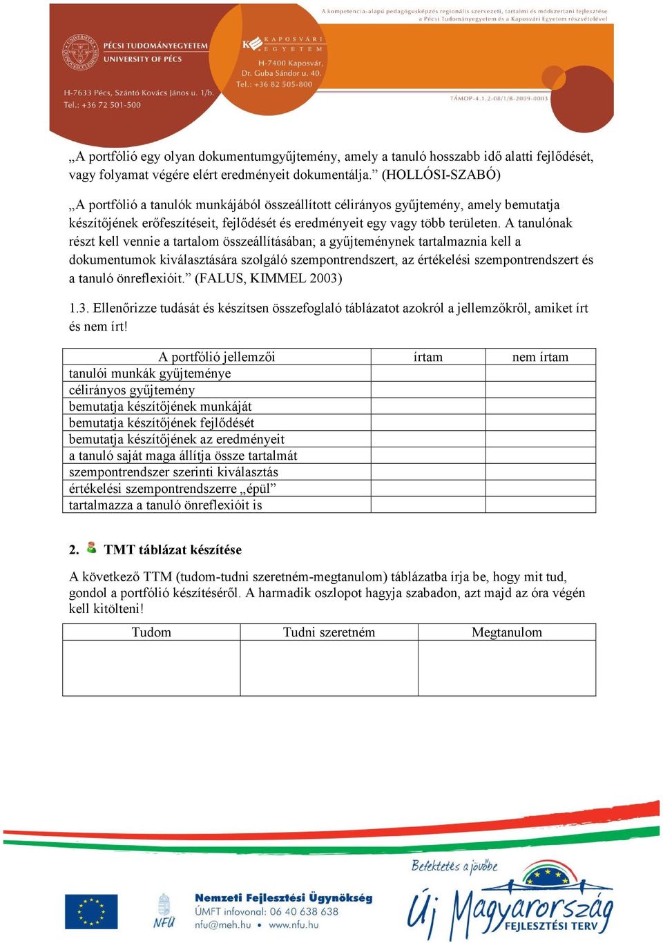 A tanulónak részt kell vennie a tartalom összeállításában; a gyűjteménynek tartalmaznia kell a dokumentumok kiválasztására szolgáló szempontrendszert, az értékelési szempontrendszert és a tanuló