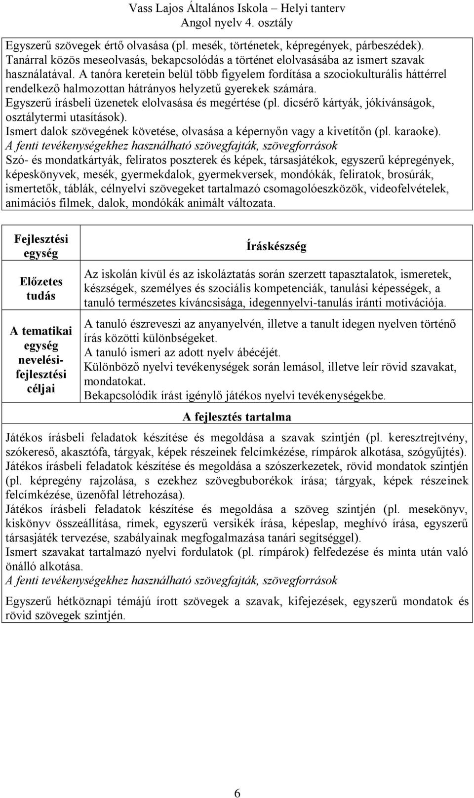 dicsérő kártyák, jókívánságok, osztálytermi utasítások). Ismert dalok szövegének követése, olvasása a képernyőn vagy a kivetítőn (pl. karaoke).