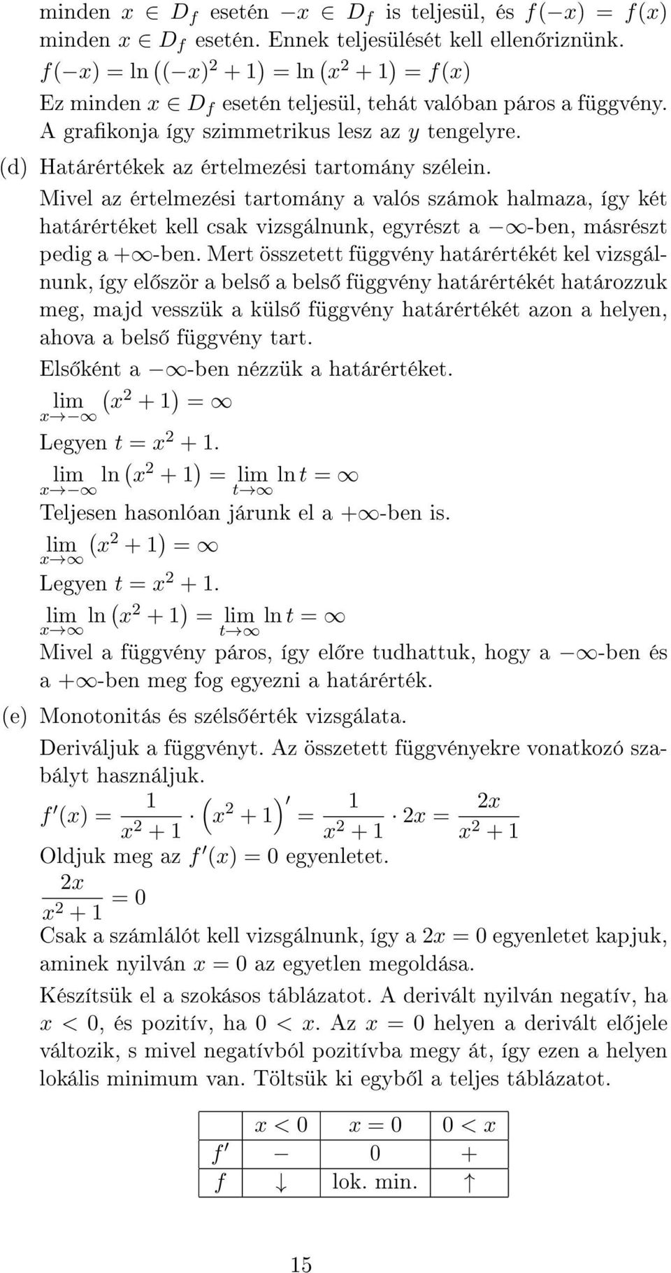 (d) Határértékek az értelmezési tartomány szélein. Mivel az értelmezési tartomány a valós számok halmaza, így két határértéket kell csak vizsgálnunk, egyrészt a -ben, másrészt pedig a + -ben.