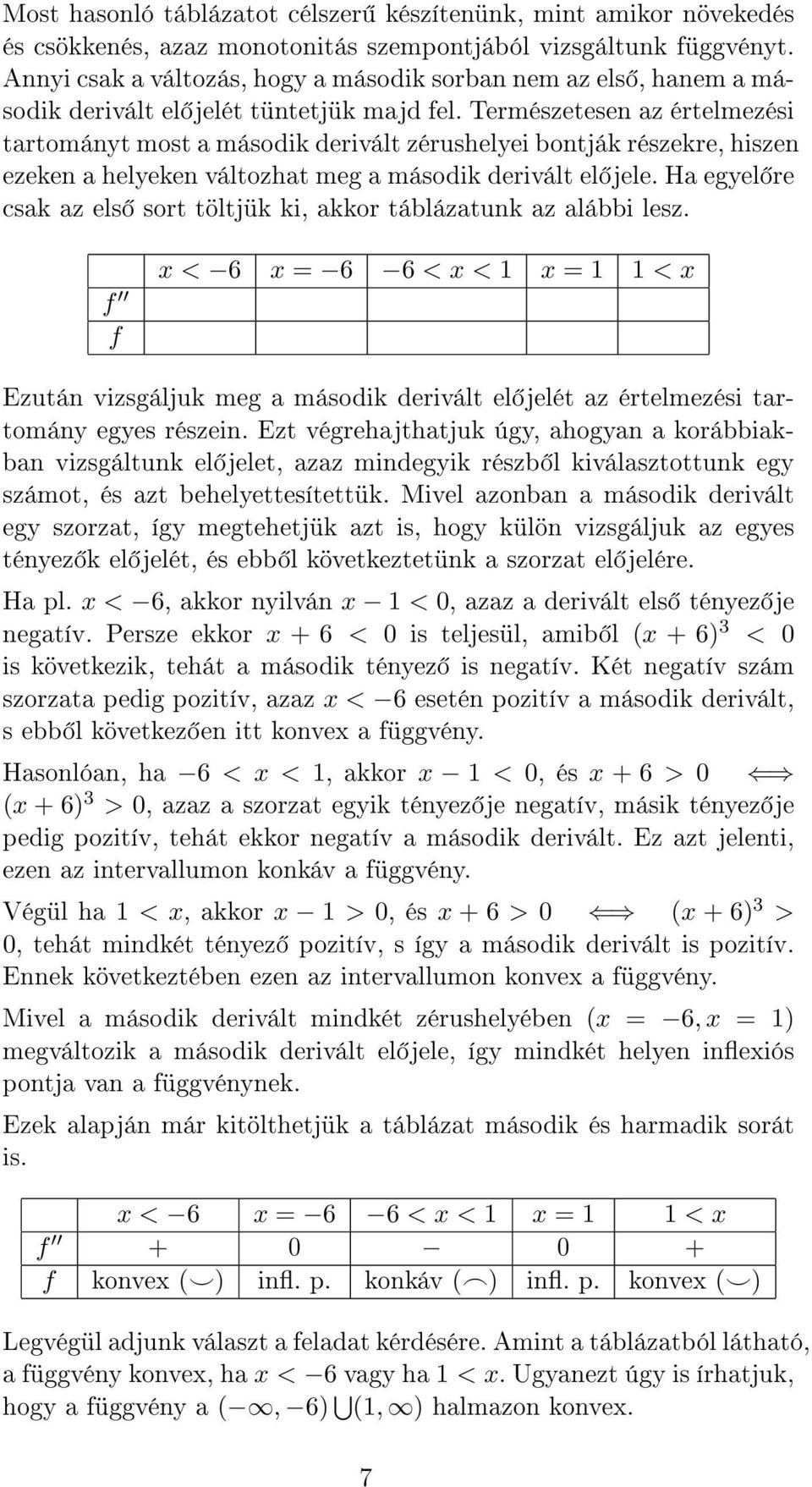 Természetesen az értelmezési tartományt most a második derivált zérushelyei bontják részekre, hiszen ezeken a helyeken változhat meg a második derivált el jele.