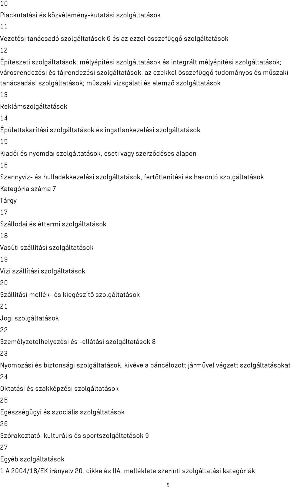 szolgáltatások 13 Reklámszolgáltatások 14 Épülettakarítási szolgáltatások és ingatlankezelési szolgáltatások 15 Kiadói és nyomdai szolgáltatások, eseti vagy szerződéses alapon 16 Szennyvíz- és