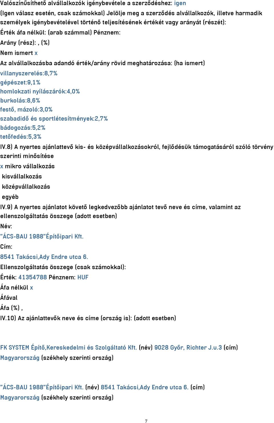 villanyszerelés:8,7% gépészet:9,1% homlokzati nyílászárók:4,0% burkolás:8,6% festő, mázoló:3,0% szabadidő és sportlétesítmények:2,7% bádogozás:5,2% tetőfedés:5,3% IV.