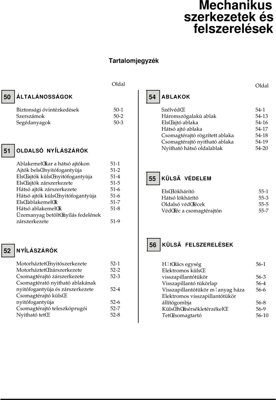 hátsó ajtókon Ajtók belsœ nyitófogantyùja ElsŒ ajtók külsœ nyitófogantyùja ElsŒ ajtók zárszerkezete Hátsó ajtók zárszerkezete Hátsó ajtók külsœ nyitófogantyùja ElsŒ ablakemelœk Hátsó ablakemelœk