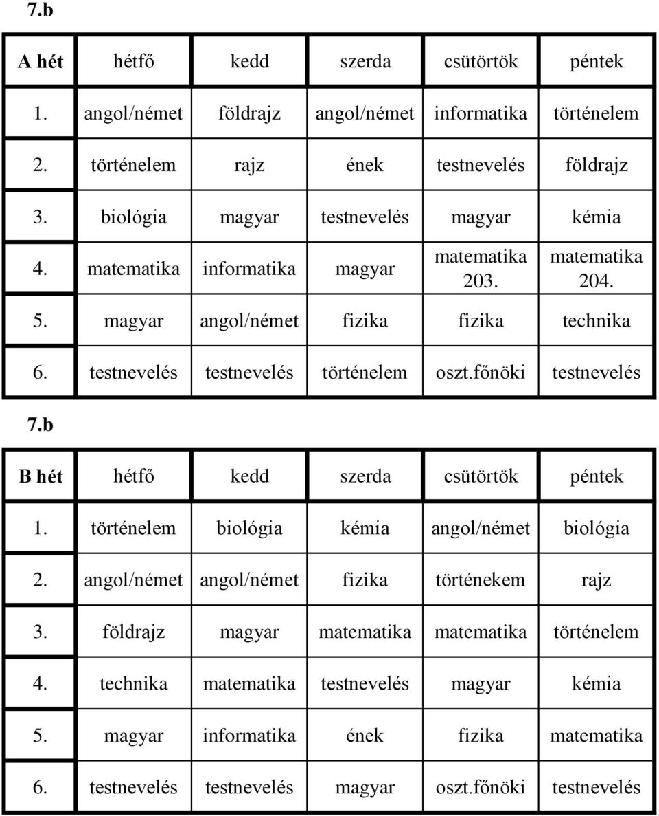 főnöki testnevelés 7.b 1. biológia kémia /német biológia 2.