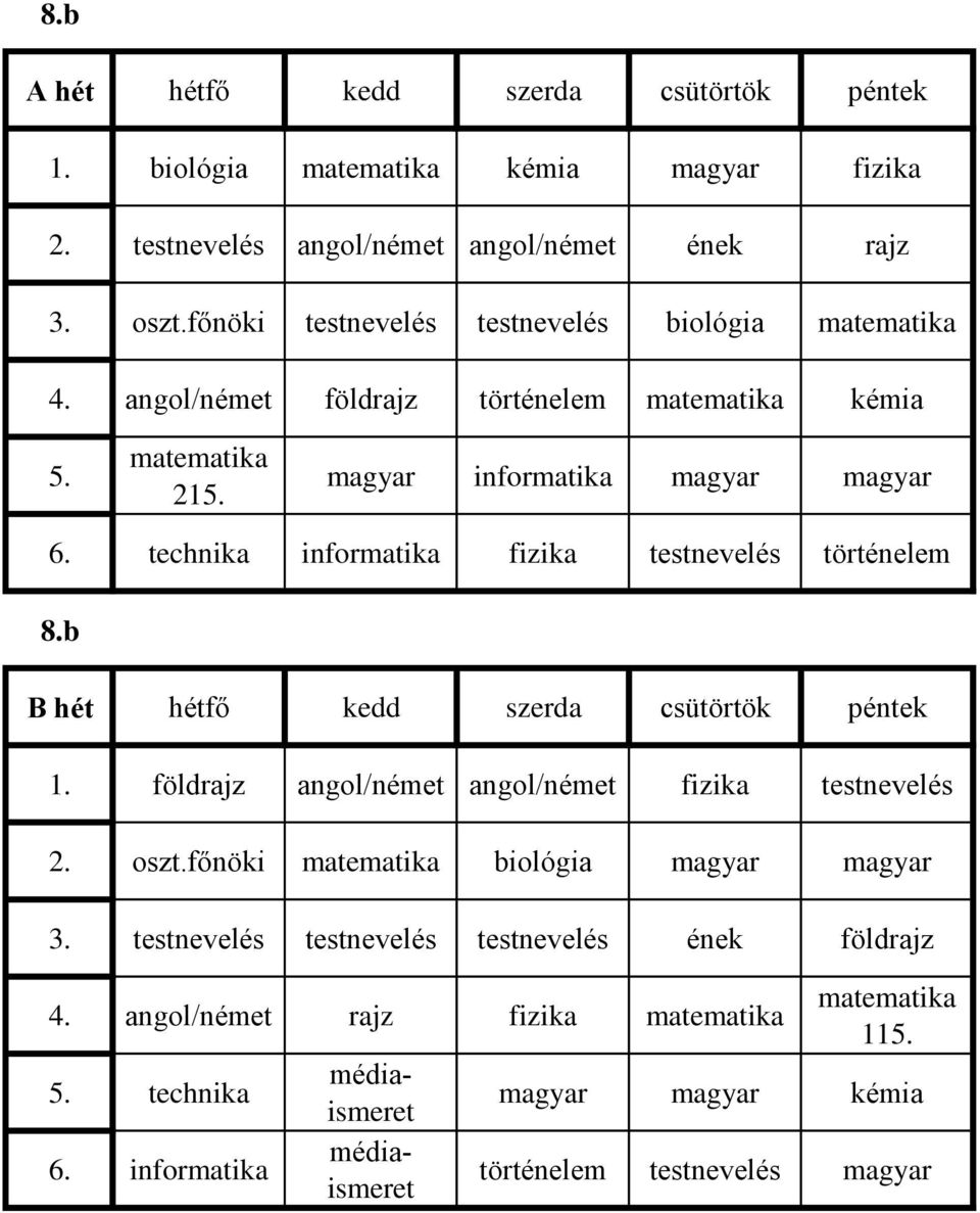 technika informatika fizika testnevelés 8.b 1. /német /német fizika testnevelés 2. oszt.