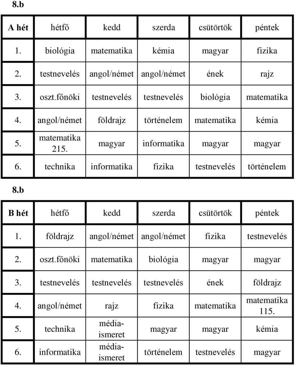 technika informatika fizika testnevelés 8.b 1. /német /német fizika testnevelés 2. oszt.