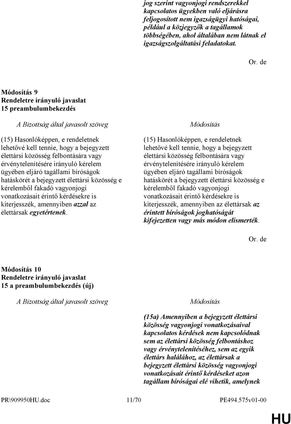 9 15 preambulumbekezdés (15) Hasonlóképpen, e rendeletnek lehetővé kell tennie, hogy a bejegyzett élettársi közösség felbontására vagy érvénytelenítésére irányuló kérelem ügyében eljáró tagállami