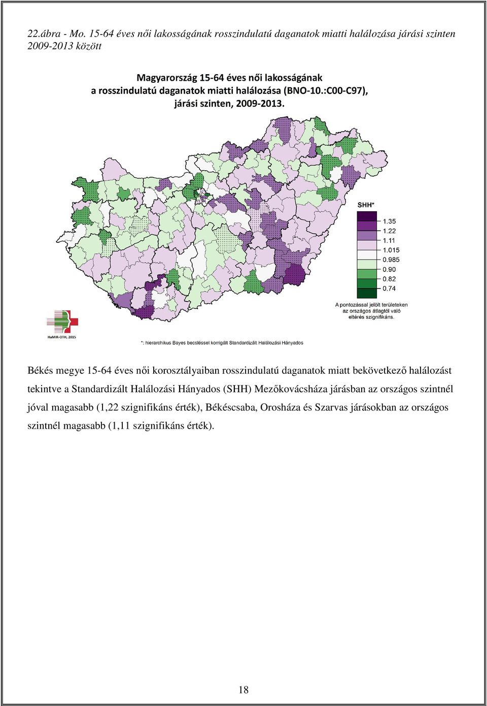 megye 15-64 éves női korosztályaiban rosszindulatú daganatok miatt bekövetkező halálozást tekintve a