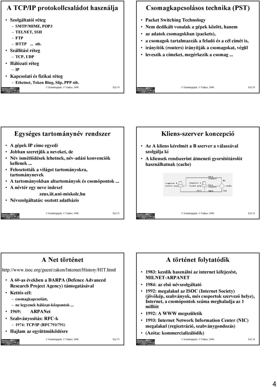 Ea2 19 Csomagkapcsolásos technika (PST) Packet Switching Technology Nem dedikált vonalak a gépek között, hanem az adatok csomagokban (packets), a csomagok tartalmazzák a feladó és a cél címét is,