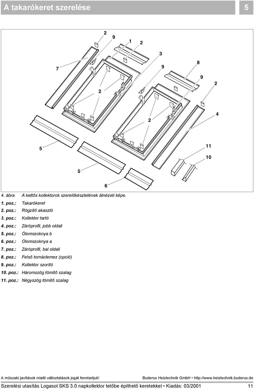 poz.: Kollektor tartó 4. poz.: Záróprofil, jobb oldali 5. poz.: Ólomszoknya b 6. poz.: Ólomszoknya a 7. poz.: Záróprofil, bal oldali 8.