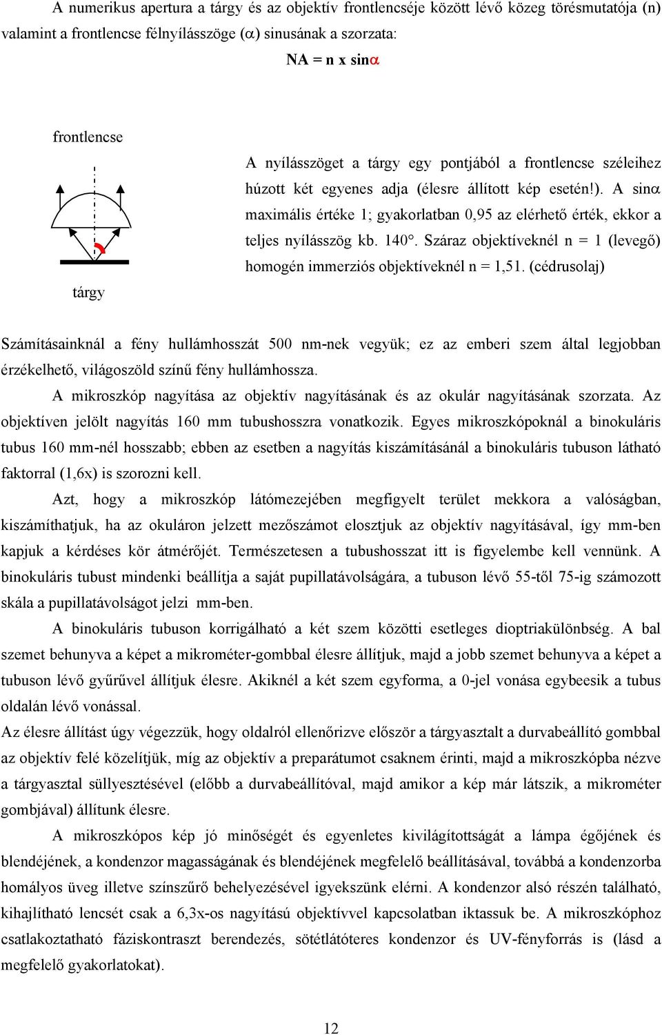 A sinα maximális értéke 1; gyakorlatban 0,95 az elérhető érték, ekkor a teljes nyílásszög kb. 140. Száraz objektíveknél n = 1 (levegő) homogén immerziós objektíveknél n = 1,51.