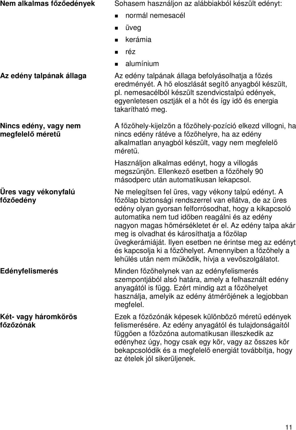 nemesacélból készült szendvicstalpú edények, egyenletesen osztják el a hőt és így idő és energia takarítható meg.