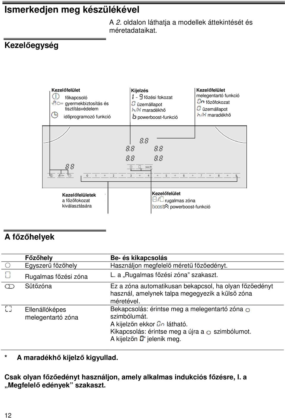 üzemállapot maradékhő Kezelőfelületek a főzőfokozat kiválasztására Kezelőfelület rugalmas zóna powerboost-funkció A főzőhelyek Főzőhely Egyszerű főzőhely Rugalmas főzési zóna Sütőzóna Ellenállóképes