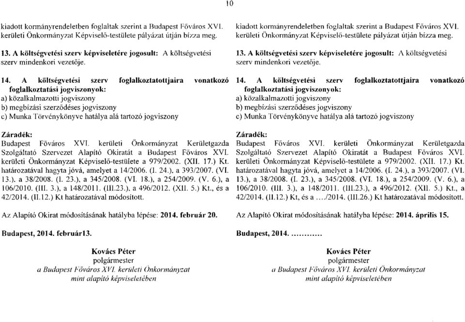 A költségvetési szerv foglalkoztatottjaira vonatkozó foglalkoztatási jogviszonyok: a) közalkalmazotti jogviszony b) megbízási szerződéses jogviszony c) Munka Törvénykönyve hatálya alá tartozó