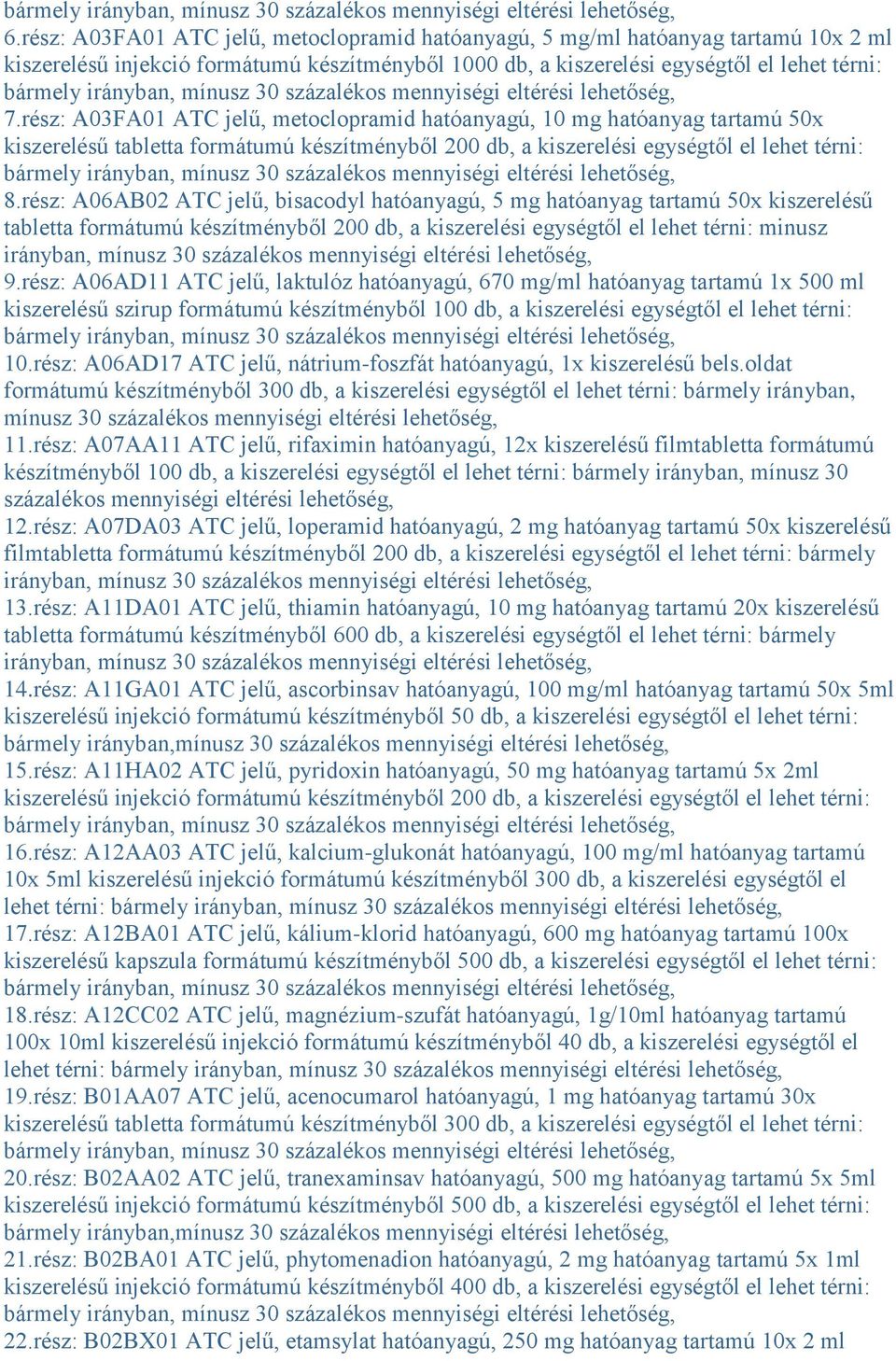 rész: A06AB02 ATC jelű, bisacodyl hatóanyagú, 5 mg hatóanyag tartamú 50x kiszerelésű tabletta formátumú készítményből 200 db, a kiszerelési egységtől el lehet térni: minusz irányban, mínusz 30