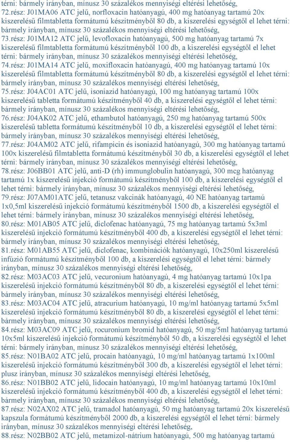 rész: J01MA14 ATC jelű, moxifloxacin hatóanyagú, 400 mg hatóanyag tartamú 10x kiszerelésű filmtabletta formátumú készítményből 80 db, a kiszerelési egységtől el lehet térni: 75.