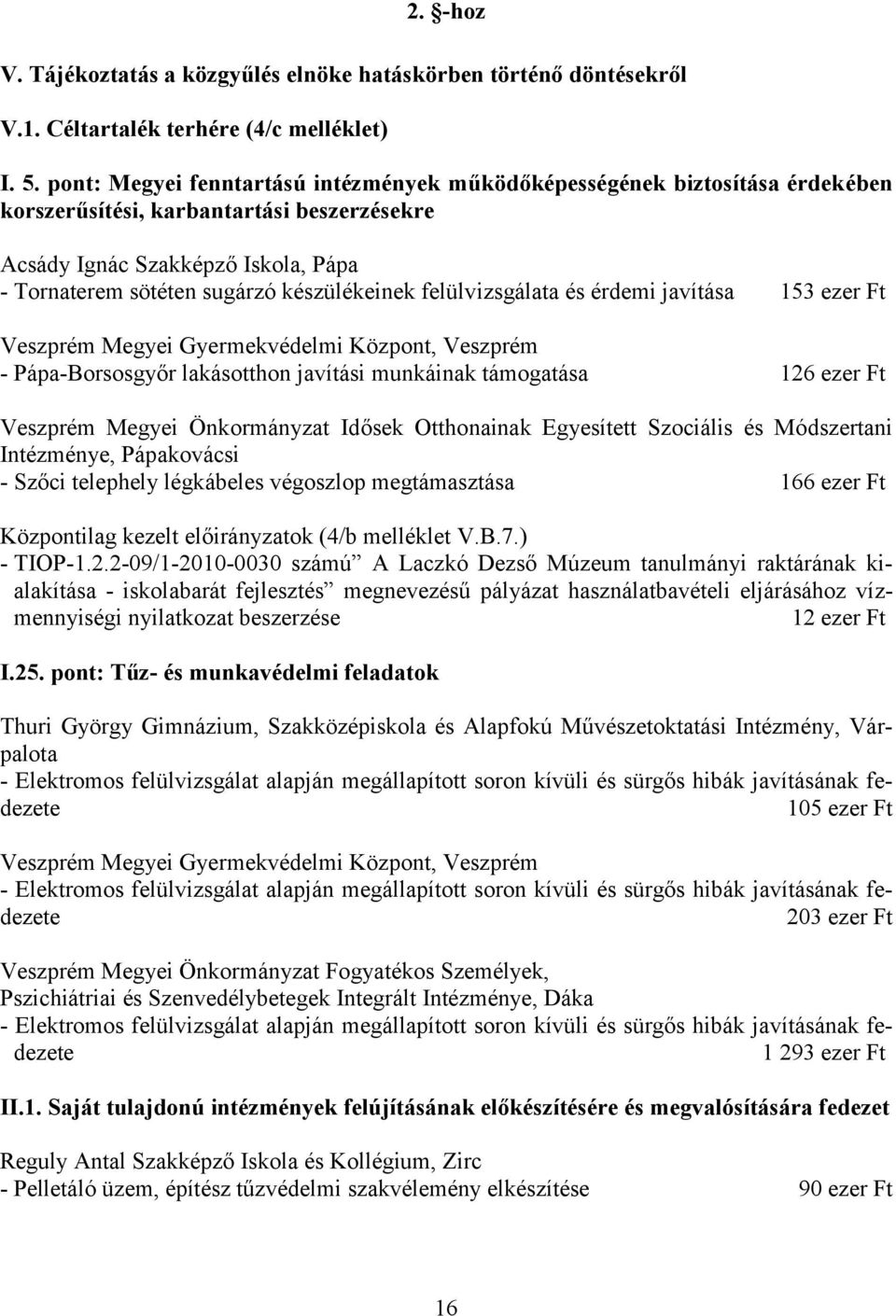 készülékeinek felülvizsgálata és érdemi javítása 153 Veszprém Megyei Gyermekvédelmi Központ, Veszprém - Pápa-Borsosgyőr lakásotthon javítási munkáinak támogatása 126 Veszprém Megyei Önkormányzat