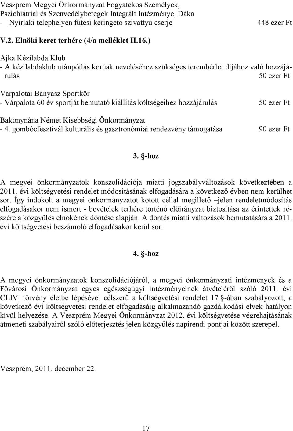 ) Ajka Kézilabda Klub - A kézilabdaklub utánpótlás korúak neveléséhez szükséges terembérlet díjához való hozzájárulás 50 Várpalotai Bányász Sportkör - Várpalota 60 év sportját bemutató kiállítás