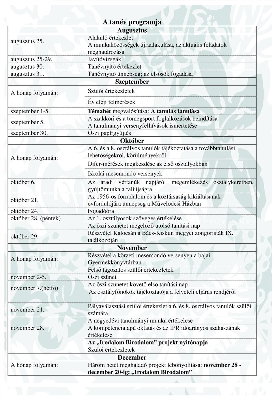 fogadása Szeptember Szülői értekezletek Év eleji felmérések Témahét megvalósítása: A tanulás tanulása A szakköri és a tömegsport foglalkozások beindítása A tanulmányi versenyfelhívások ismertetése