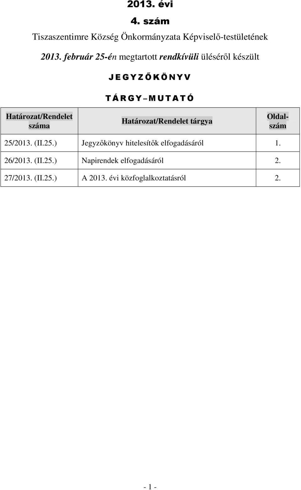 Határozat/Rendelet száma Határozat/Rendelet tárgya Oldalszám 25/